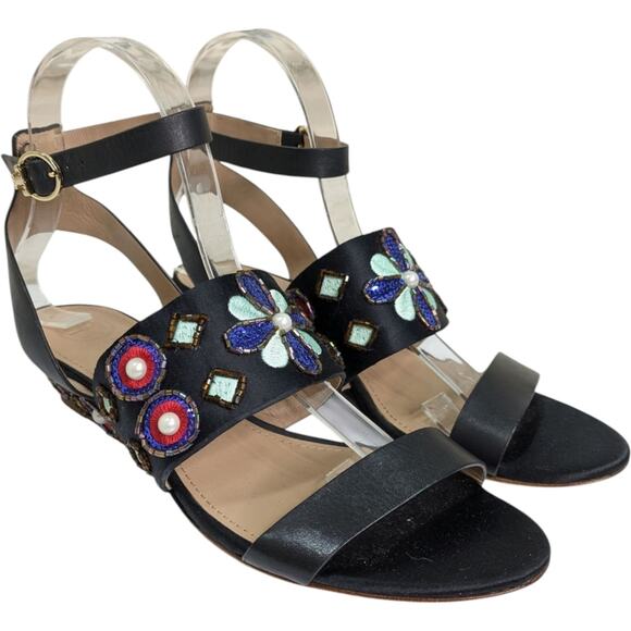 Tory Burch Estella Sandals 7.5 Crystal Embellished Leather Wedge Ankle Strap - Picture 2 of 15